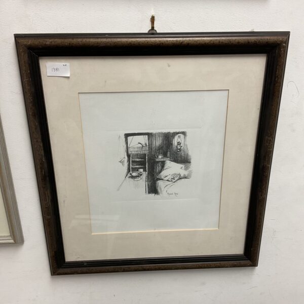 Vintage Martyn Mackrill print of a ship's cabin interior.