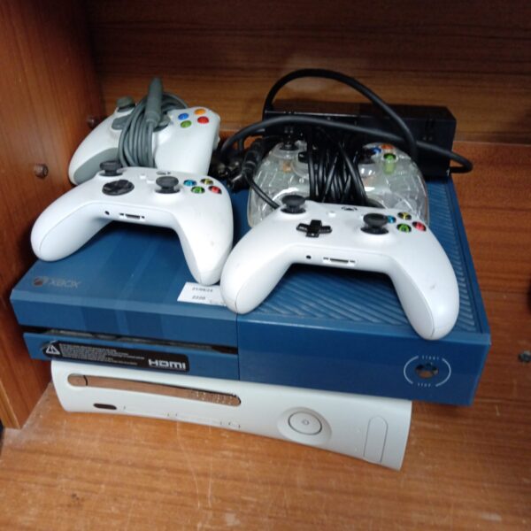 Xbox 360 and Xbox One console bundle with controllers for gaming.