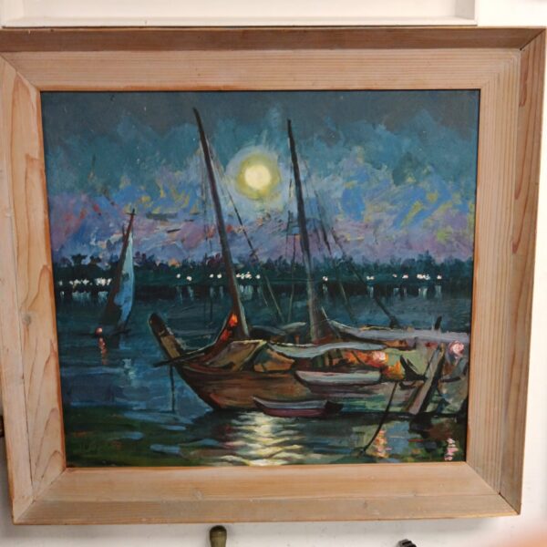 Signed oil painting of night boats in a harbour scene.