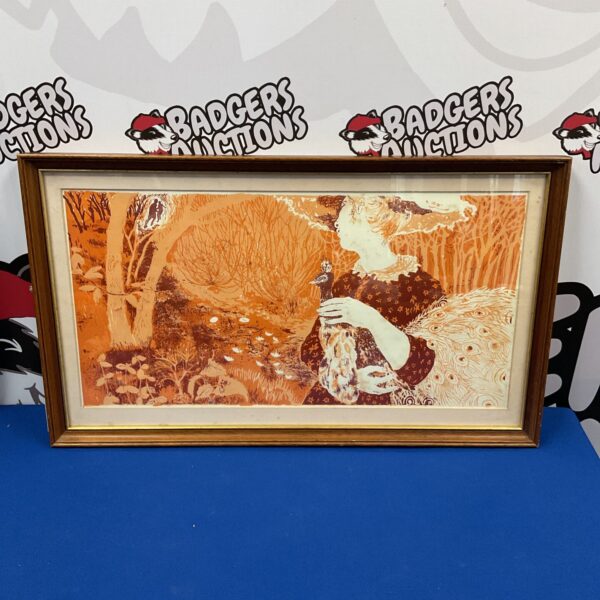 Vintage Dorothy Bordass lithograph featuring a lady and peacock.