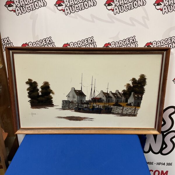 K Hammond oil painting of a coastal fishing village with boats.