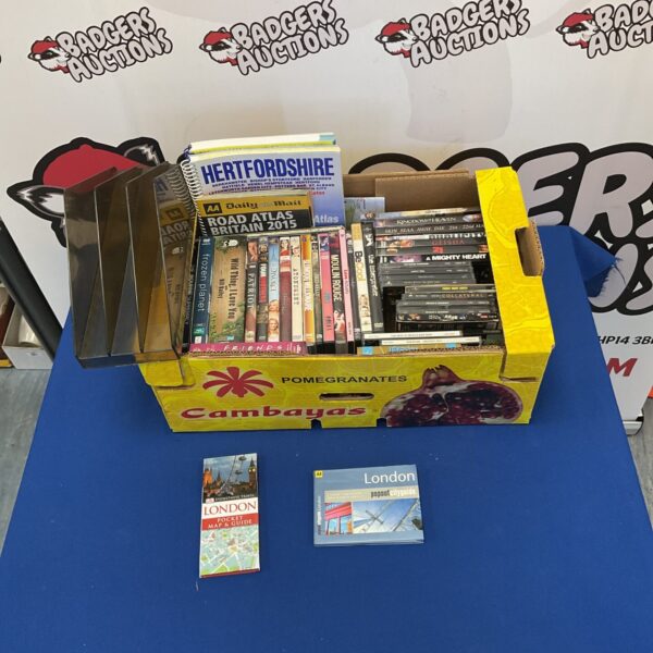 Mixed lot of DVDs, maps, and a London guide for collectors.