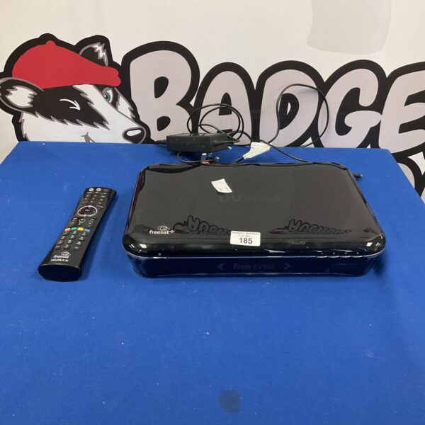 Black Humax freesat box with remote control for digital television.