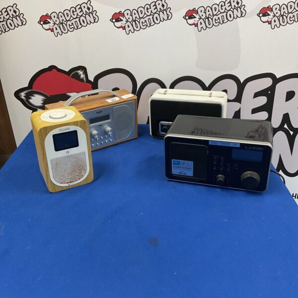 Vintage radios lot including Bush, Pure Evoke H3, Logik, and Blaupunkt.