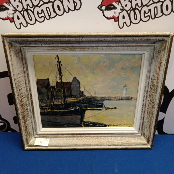 Vintage oil painting of fishing boats in a harbour scene.