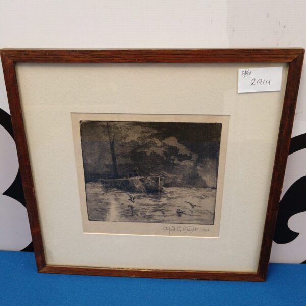 Vintage 1928 Alfred G Wright etching of a fishing boat at sea.