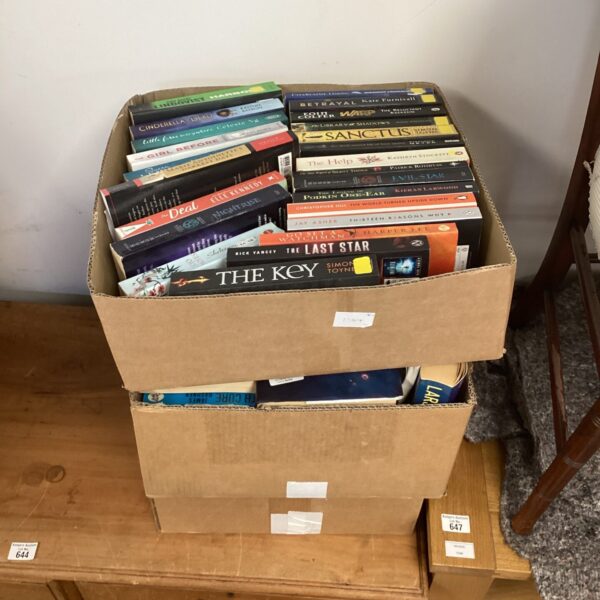 Stack of assorted novels and books in cardboard boxes.