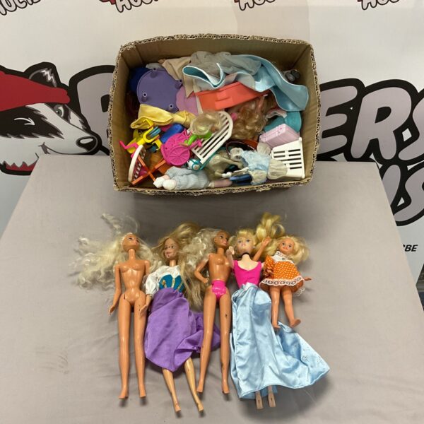 Barbie doll lot with clothing and accessories for collectors.