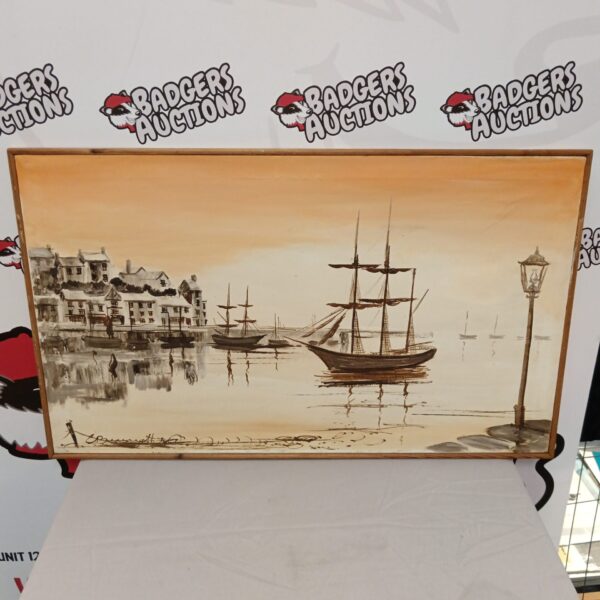 Vintage oil painting of sailboats in a harbour by Burnett.