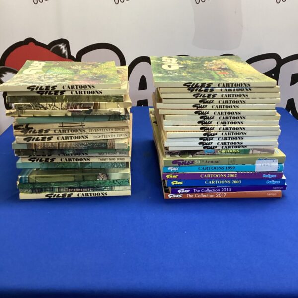 Vintage collection of Giles cartoon books, British satire and social commentary.