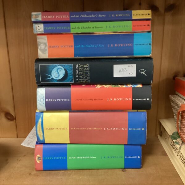 Complete set of first edition Harry Potter books by J.K. Rowling.