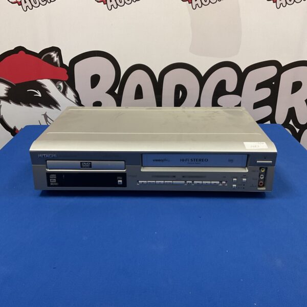 Silver Hitachi DV-PF2E DVD/VCR combo player for retro entertainment.