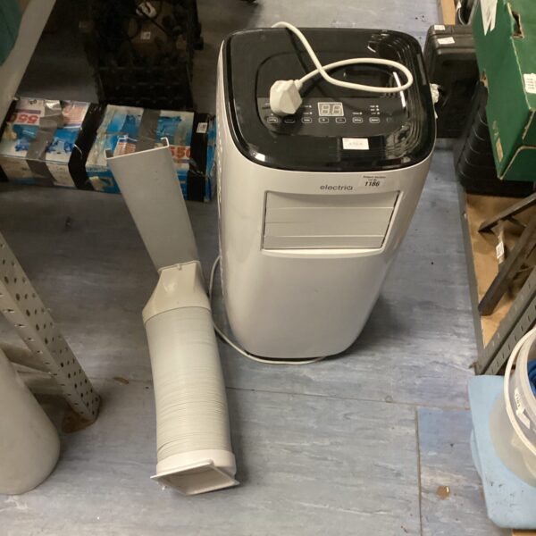 White Electriq portable air conditioner unit with exhaust hose.