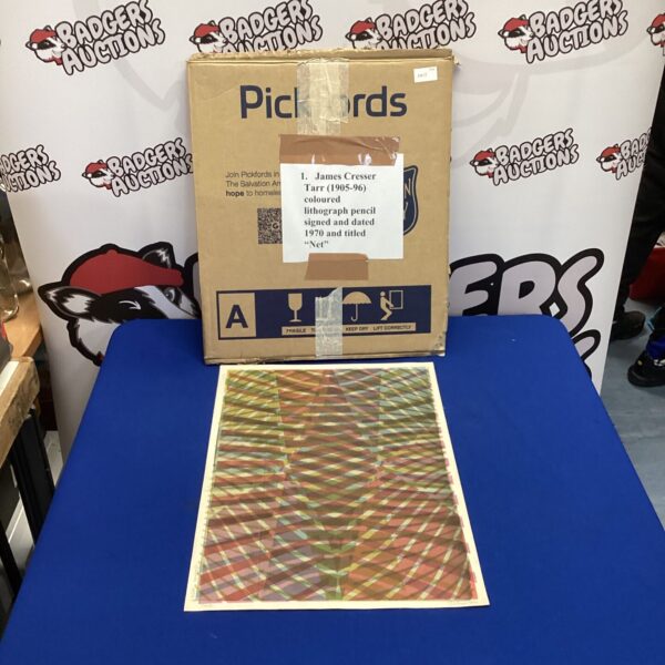 James Cresser Tarr lithograph in box with auction details.