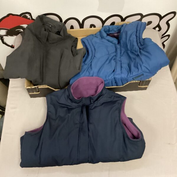 Three ladies gilets in a lot, size 14, reversible design.