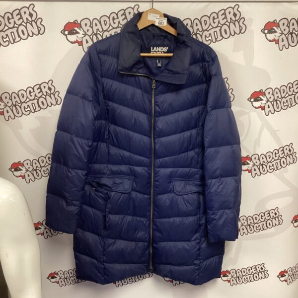 Land’s End puffer coat size L, quilted winter outerwear.