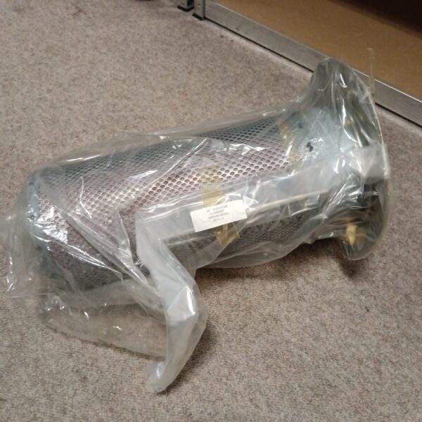 Large carbon filter element in plastic wrapping for air purification.