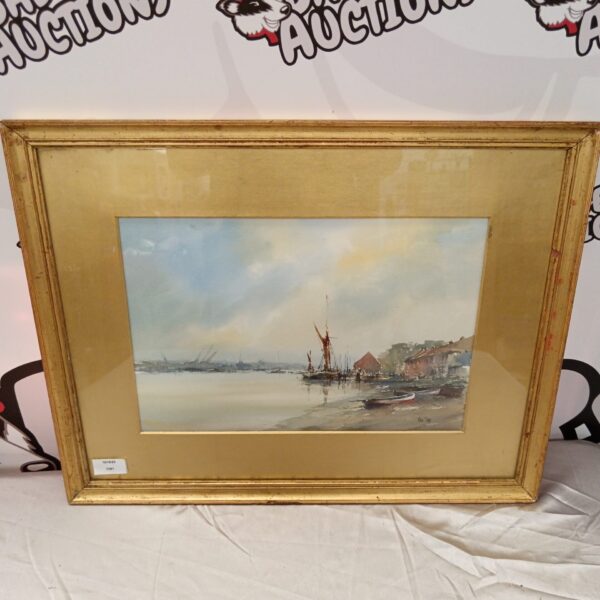 Peter Tom watercolour painting of Thames barges at anchor on an estuary.