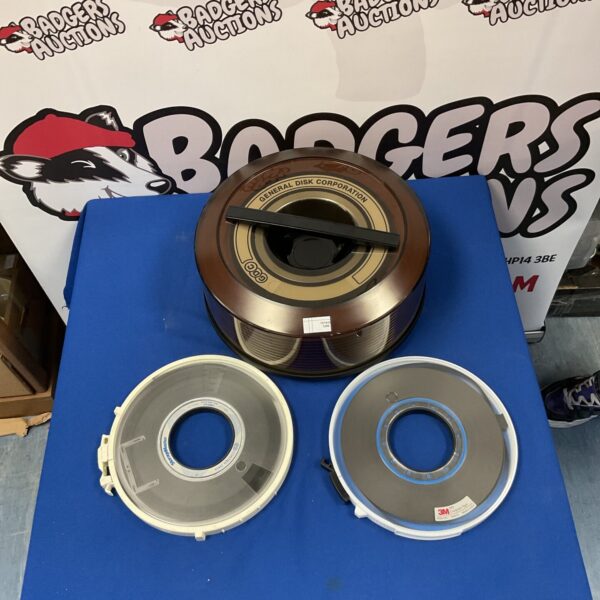 Front view of a vintage General Disc Corporation computer data reel.