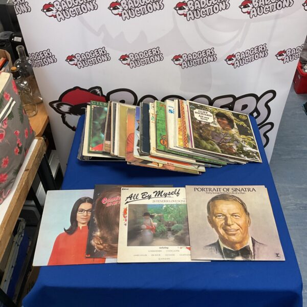 Vintage vinyl record collection including Frank Sinatra LPs.