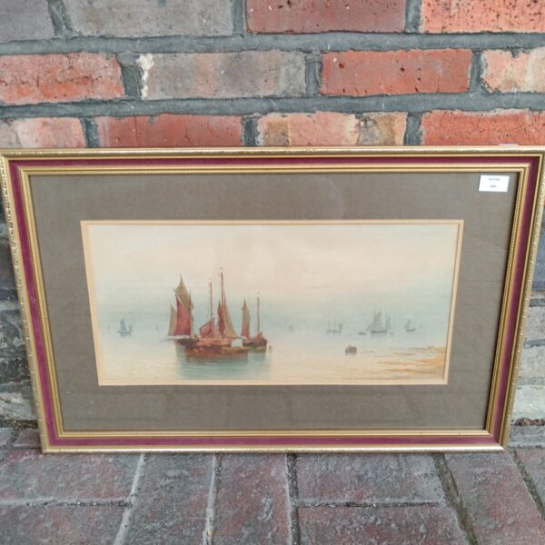 19th-century watercolour painting of fishing boats at dawn.