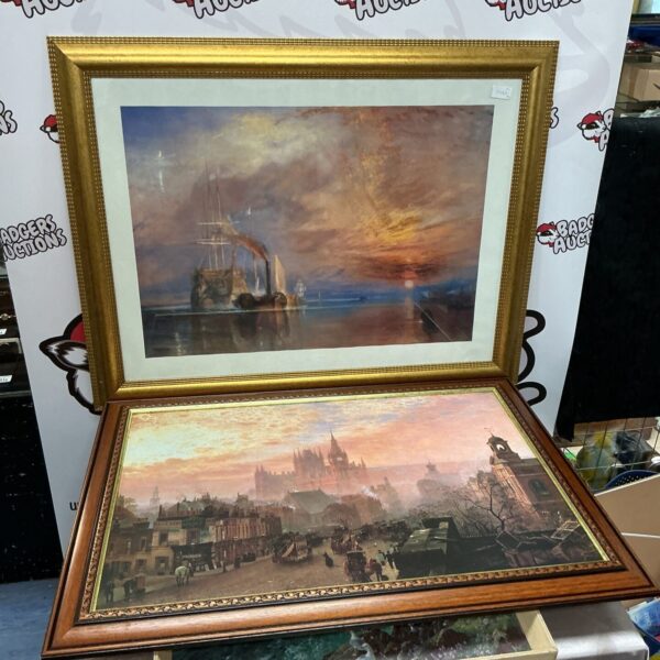 Framed JMW Turner print of The Fighting Temeraire at sunset.