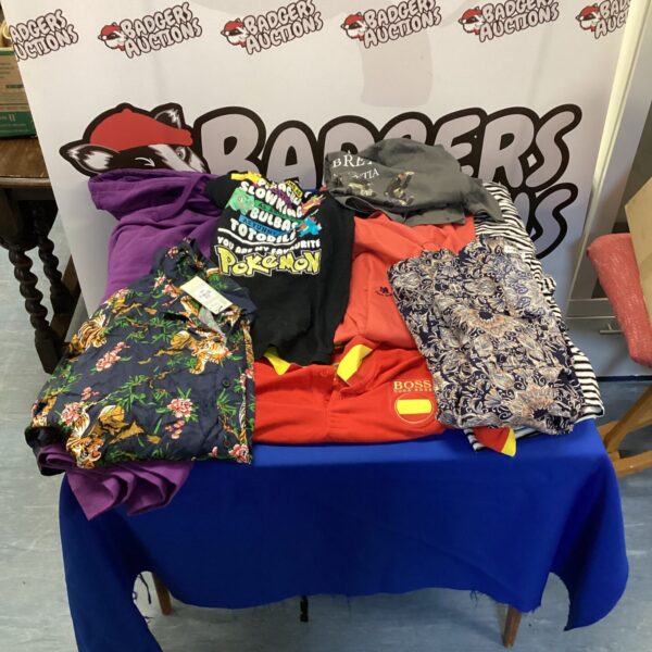 Mixed lot of men's clothing including Hugo Boss style and Pokemon T-shirt.