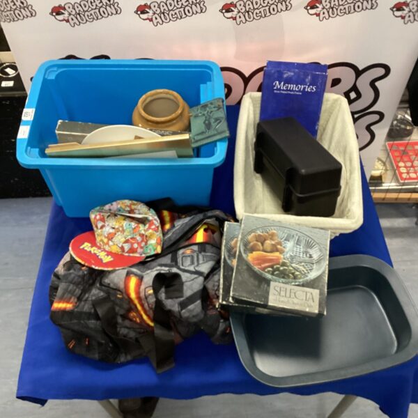 Mixed lot of storage and costumes including a wicker basket.