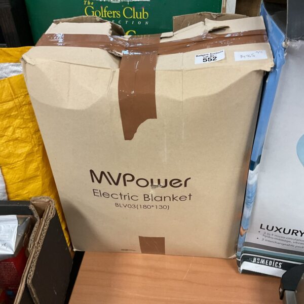 Boxed MVPower electric blanket in original packaging.