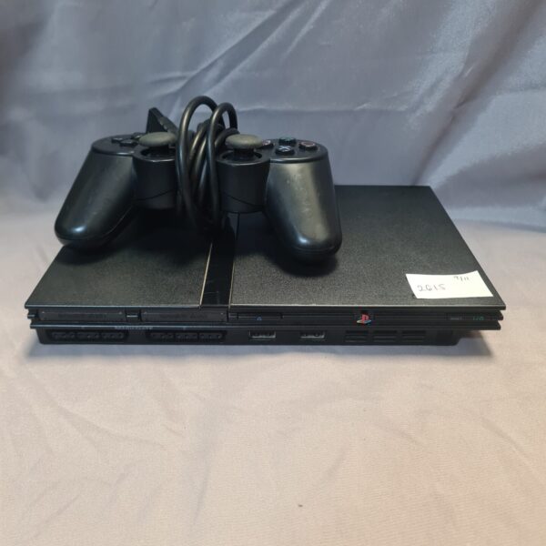Sony PlayStation 2 Slim console with controller for retro gaming.