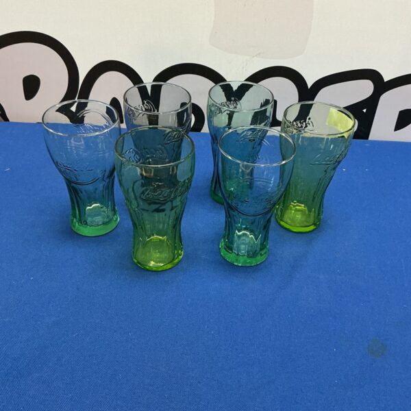 Set of six vintage green Coca Cola glasses