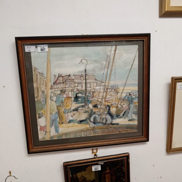 Signed 1975 watercolour painting of a vibrant harbour scene.