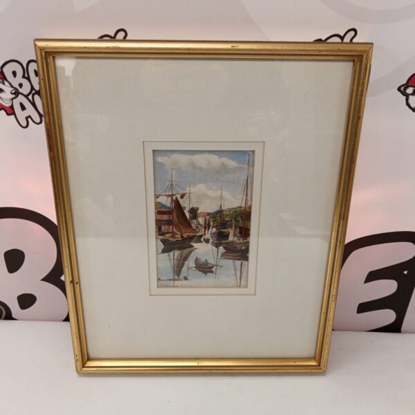 Framed antique watercolour painting of ships in a harbour.