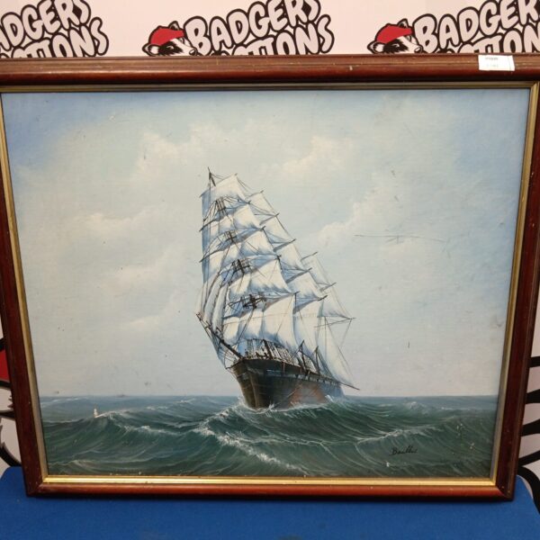 Signed Baillie oil painting of a schooner sailing ship in rough seas.