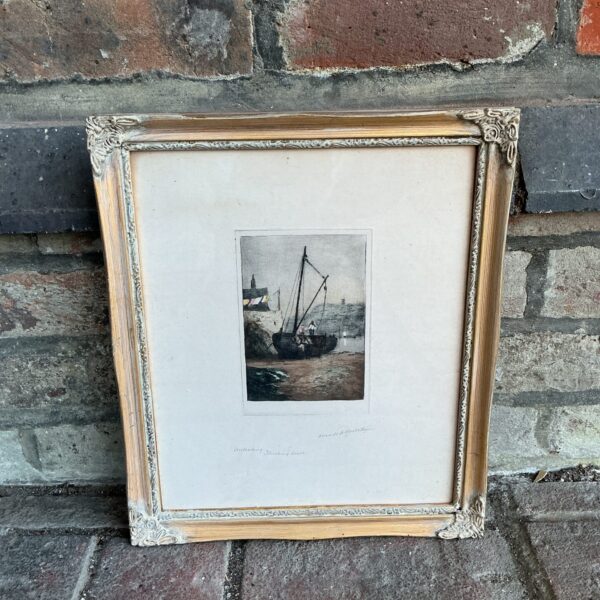 Antique Claude Rowbotham etching of unloading on flushing beach.