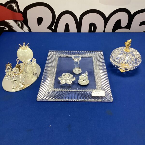 Vintage crystal bundle featuring a plate, bowl, and carriage.