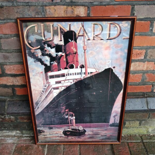 Vintage framed Cunard steamship print for nautical decor.