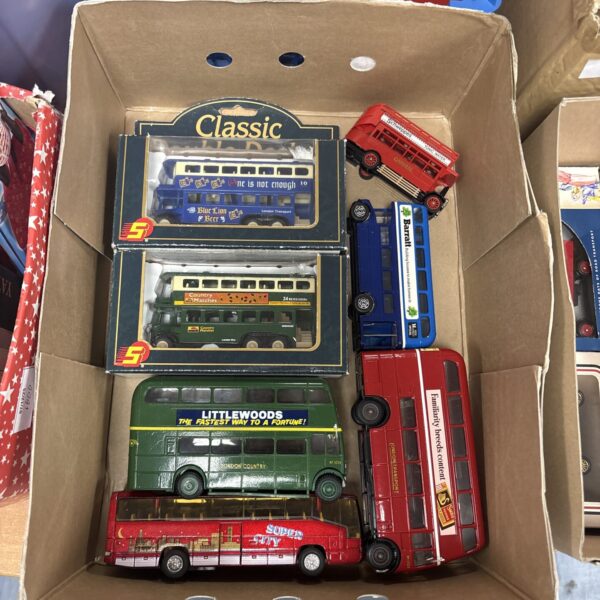 A box of vintage diecast model buses, including Solido.