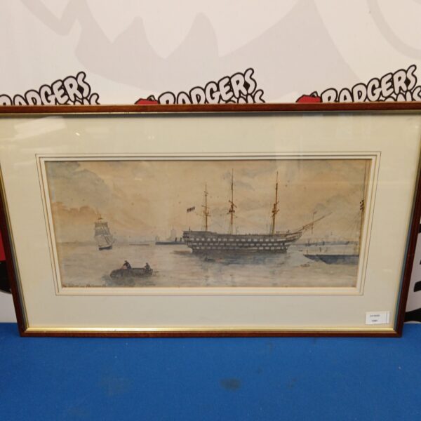 19th-century watercolour painting of HMS Victory at Portsmouth harbour.