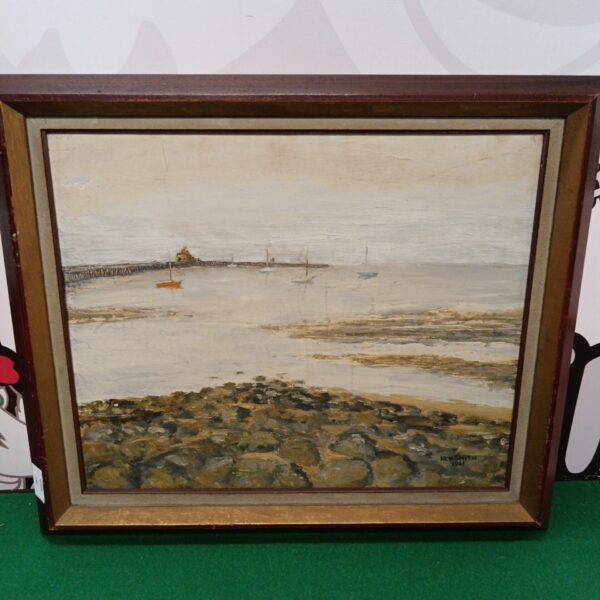 Vintage 1966 Ken Smith coastal oil painting of moored boats.