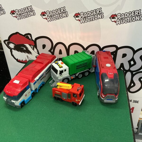 Red Fire Engine and lot of plastic toy trucks for collectors.