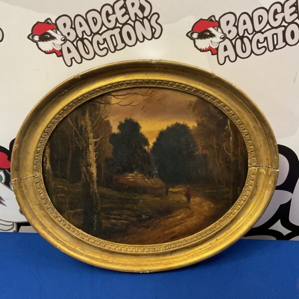 19th-century rural oil painting with cottage and figure in landscape.