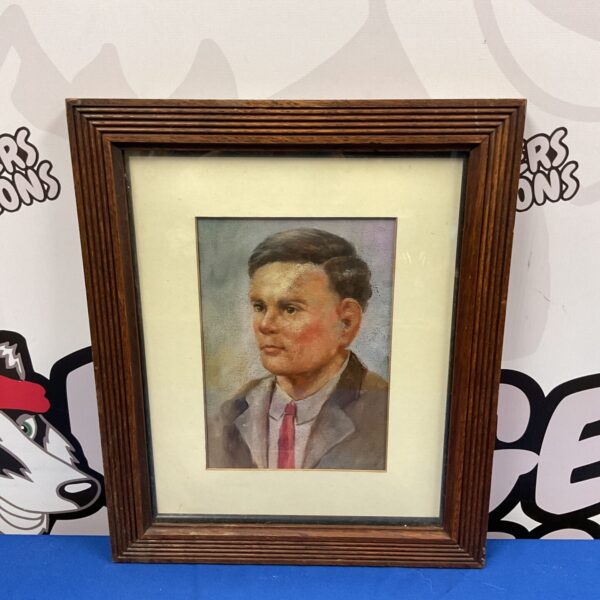 Oil painting portrait of Alan Turing in an oak frame.