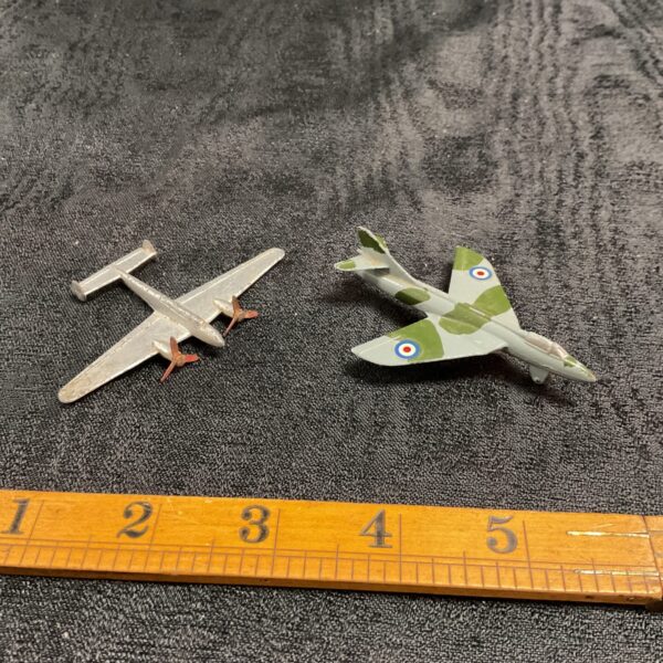 Vintage Dinky Toys diecast aircraft, Hawker Hunter and Messerschmitt BF 110.