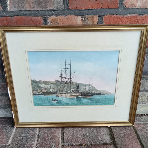 Signed watercolour painting of ships in Dover Harbour, 1900s maritime art.