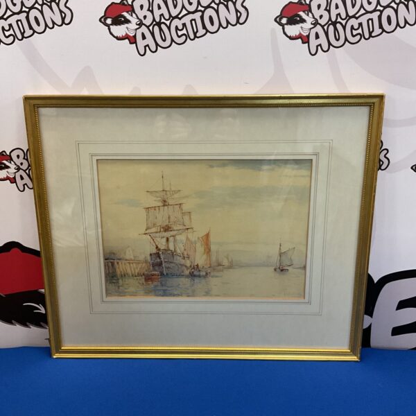 Frederick James Aldridge watercolour painting of Littlehampton Harbour with sailboats.