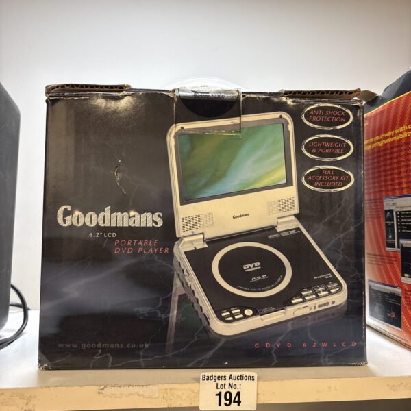 Boxed Goodmans portable DVD player with 6.2 inch screen.