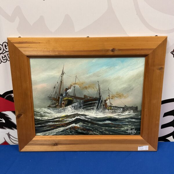 Hally painting of steam fishing boats in rough seas.