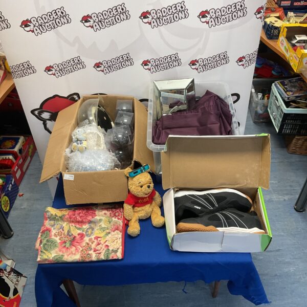Mixed lot bundle featuring Winnie the Pooh, shoes, and curtains.