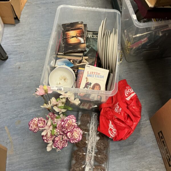 Mixed lot of decorative items with string lights and books.